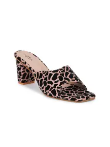 Shezone Peach-Coloured & Black Printed Block Heels