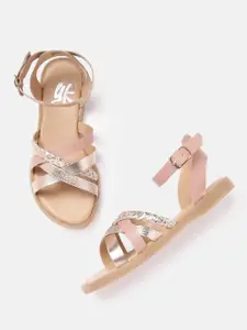 YK Girls Peach-Coloured & Gold-Toned Shimmer & Braided Criss Cross Mid-Top Open Toe Flats