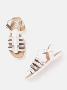 YK Girls White & Silver-Toned Solid Gladiators with Shimmer Detail