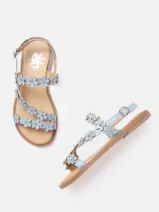 YK Girls Blue & Silver-Toned Floral Embellished Open Toe Flats