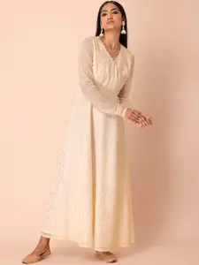 INDYA Women White Printed Long Cuffed Sleeves Georgette Embellished Dress