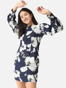 angloindu Women Navy Blue & White Floral Crepe Sheath Dress
