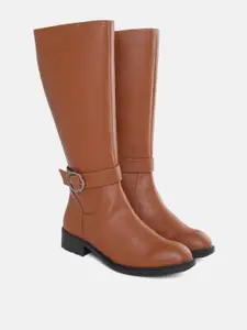 ELLE Women Tan Brown Solid High-Top Block Heel Regular Boots