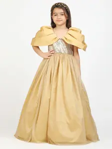Jelly Jones Girls Gold  Embellished Puff Sleeves Gown Dress