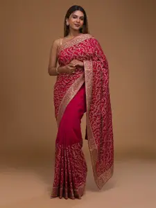 Koskii Pink & Gold-Toned Floral Zari Saree