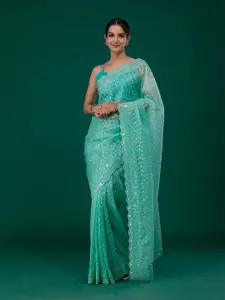 Koskii Green & Silver-Toned Embellished Sequinned Saree