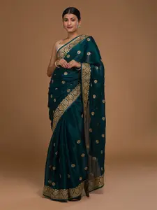 Koskii Teal & Gold Embellished Embroidered Art Silk Saree With Unstitched Blouse Piece