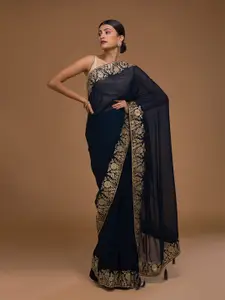 Koskii Navy Blue & Gold Embroidered Art Silk Saree With Unstitched Blouse Piece