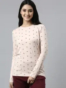 Enamor Women Pink  Printed Cotton Slim-Fit T-shirts