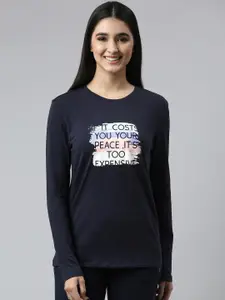 Enamor E157 Basic Crew Neck Stretch Cotton Tee for Women with Graphic Print & Long Sleeves