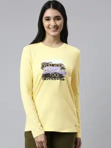 Enamor E157 Basic Crew Neck Stretch Cotton Tee for Women with Graphic Print & Long Sleeves