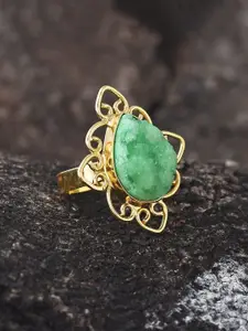 Tistabene Gold-Plated & Green Stone-Studded Contemporary Designer Cocktail Ring
