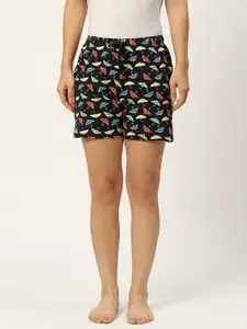 Leading Lady Women Black & Red Printed Cotton Lounge Shorts