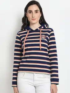 Club York Women Navy Blue & Peach Striped Hooded Sweatshirt