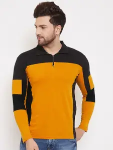 Hypernation Men Yellow Colourblocked Polo Collar Slim Fit T-shirt