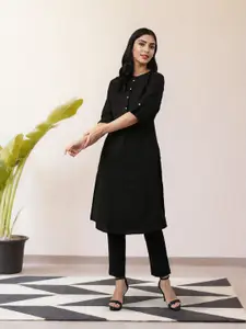 W Women Black Solid Mandarin Collar Cotton Kurta
