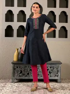 W Women Blue Yoke Design Thread Work Indie Prints Kurta