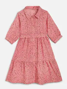 YK Girls Pink Floral Printed A-Line Collar Neck Tiered Dress