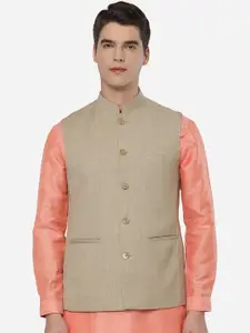 JADE BLUE Men Beige Solid Nehru Jacket