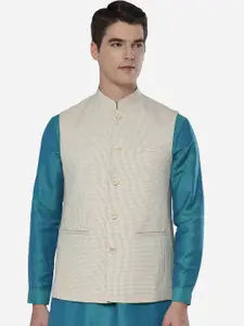 JADE BLUE Men Khaki Solid Nehru Jacket