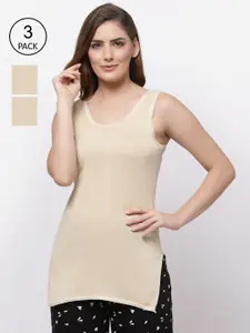 Floret Women Pack of 3 Beige Solid Cotton Slips