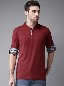 HERE&NOW HERENOW Men Maroon Solid Henley Neck Pure Cotton T-shirt