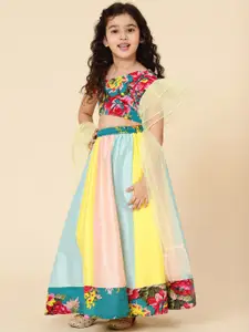 A.T.U.N. A T U N Girls Blue & Pink Printed Ready to Wear Lehenga & Blouse With Dupatta