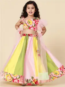 A.T.U.N. A T U N Girls Pink & Yellow Printed Ready to Wear Lehenga & Blouse With Dupatta