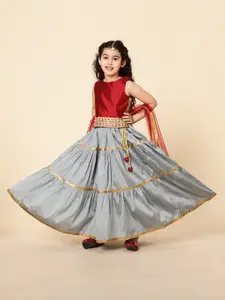 A.T.U.N. A T U N Girls Maroon & Grey Ready to Wear Lehenga & Blouse With Dupatta