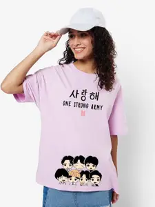Bewakoof Women Purple Printed Drop-Shoulder Sleeves Oversized T-shirt