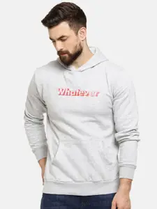 Campus Sutra Men Grey Printed Hooded Cotton Sweatshirt