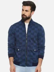 Campus Sutra Men Blue Checked Windcheater Bomber Jacket