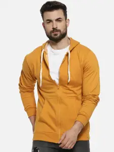 Campus Sutra Men Mustard Hooded Cotton Sweatshirt