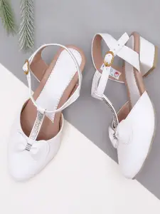 DChica Girls White Embellished Festive & Partywear Closed Toe Open Back Heels