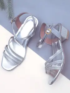 DChica Girls Silver-Toned Textured Party Block Sandals