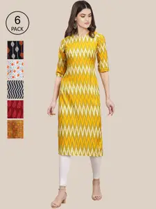 1 Stop Fashion Women  Pack of 6 Yellow & Black Ethnic Motifs Printed Crepe Kurta