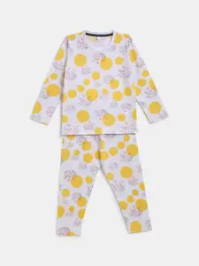 YK Girls White & Yellow Polka Dots Printed Night Suit Set