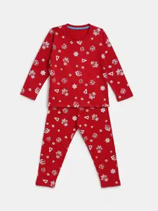 YK Girls Red & White All Over Christmas Motif Printed Night Suit
