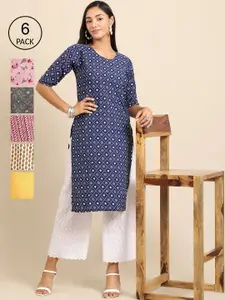 7Threads Women Blue & Yellow Pack Of 6 Geometric Printed Summer Sheers Crepe Kurta