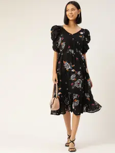 WISSTLER Black Floral Georgette A-Line Midi Dress