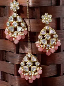 KARATCART Women Gold-Plated Pink Beaded & Kundan Studded Dangler Earrings with Maangtikka