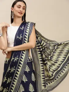 RACHNA Navy Blue Ethnic Motifs Printed Satin Saree with Blouse