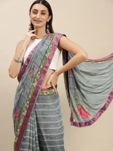 RACHNA Grey & Pink Floral Printed Saree with Blouse