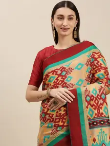 RACHNA Green & Red Ethnic Motifs Printed Manipuri Silk Saree with Blouse