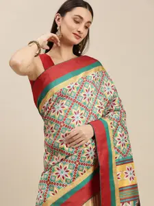 RACHNA Cream-Coloured & Green Ethnic Motifs Saree