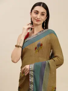 RACHNA Olive Brown & Blue Floral Printed Saree with Blouse