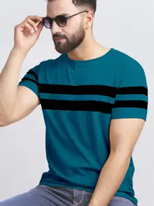 Ausk Teal Blue & Black Colorblocked Round Neck Half Sleeve T-Shirt