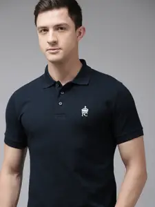 French Connection Men Navy Blue Polo Collar Pure Cotton Slim Fit T-shirt