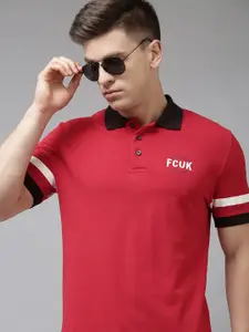 French Connection Men Red Polo Collar Pure Cotton Slim Fit T-shirt With Brand Logo Print