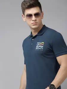 French Connection Men Blue Brand Logo Printed Polo Collar Pure Cotton Slim Fit T-shirt